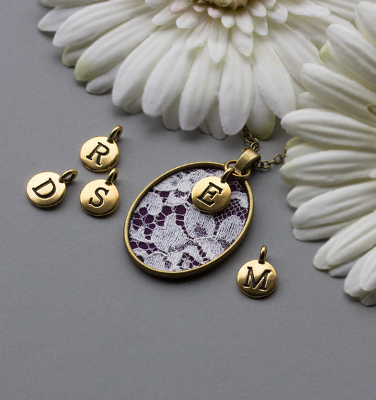 Unique Initial Necklace, Personalized Jewelry, Purple Fabric, Lace