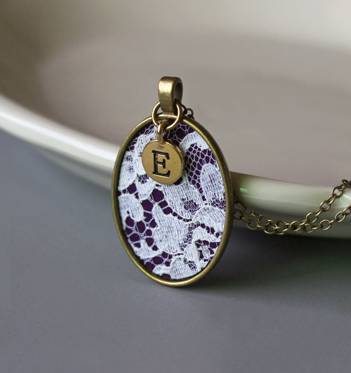 Unique Initial Necklace, Personalized Jewelry, Purple Fabric, Lace