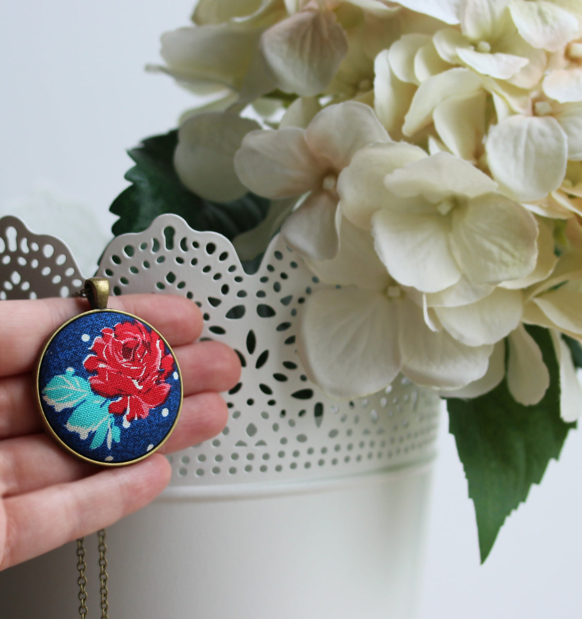 Red Rose Pendant Necklace, Cute Floral Fabric Jewelry