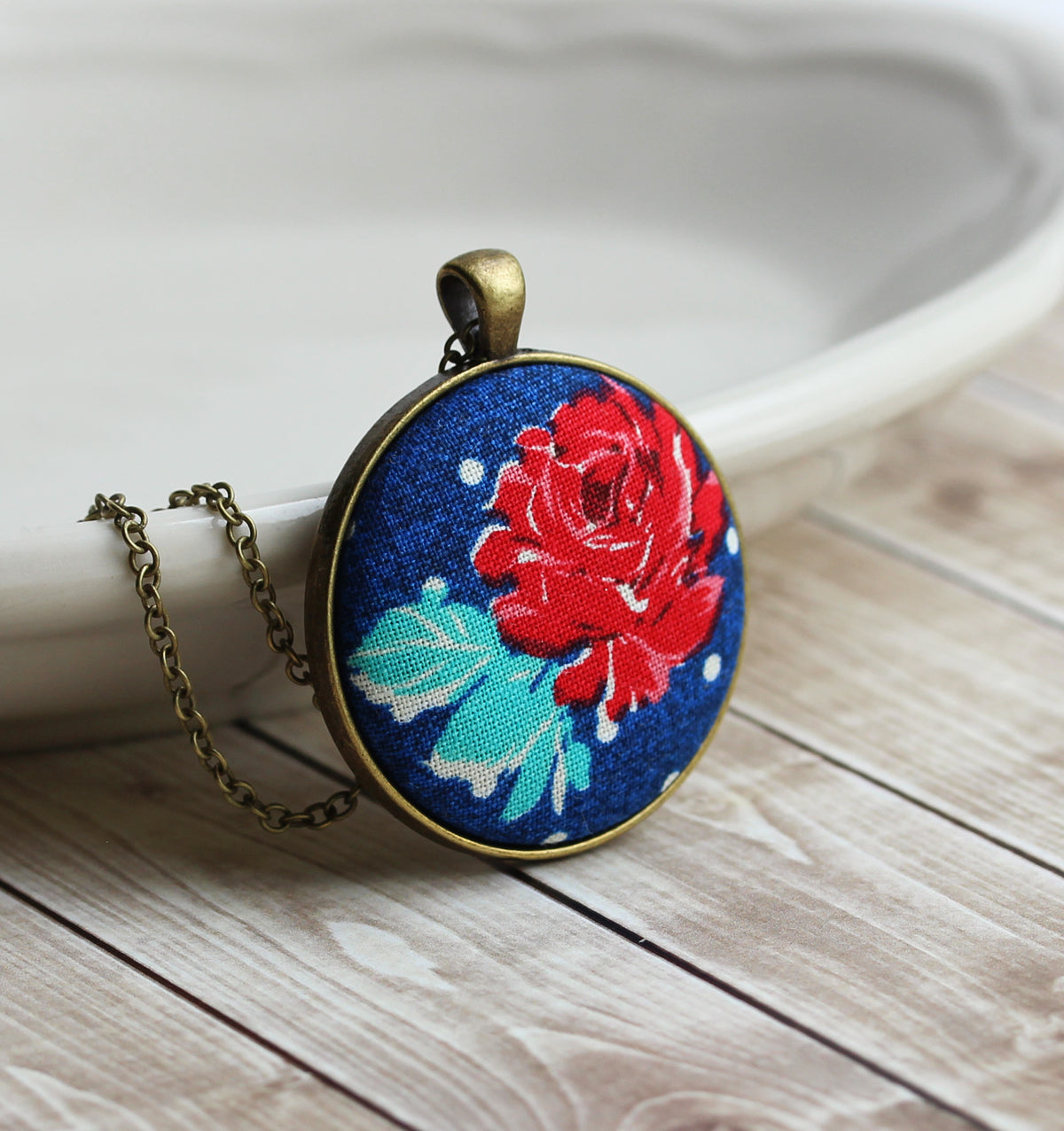 Red Rose Pendant Necklace, Cute Floral Fabric Jewelry