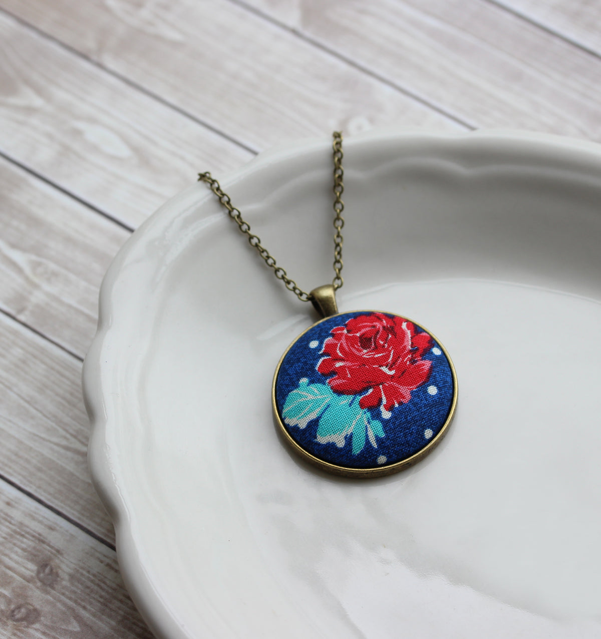 Red Rose Pendant Necklace, Cute Floral Fabric Jewelry