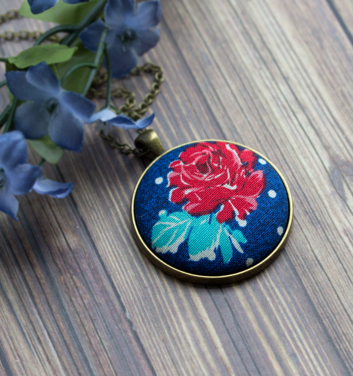 Red Rose Pendant Necklace, Cute Floral Fabric Jewelry