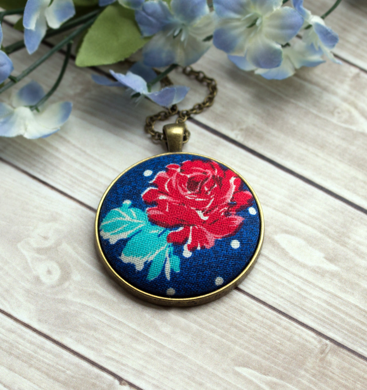 Red Rose Pendant Necklace, Cute Floral Fabric Jewelry