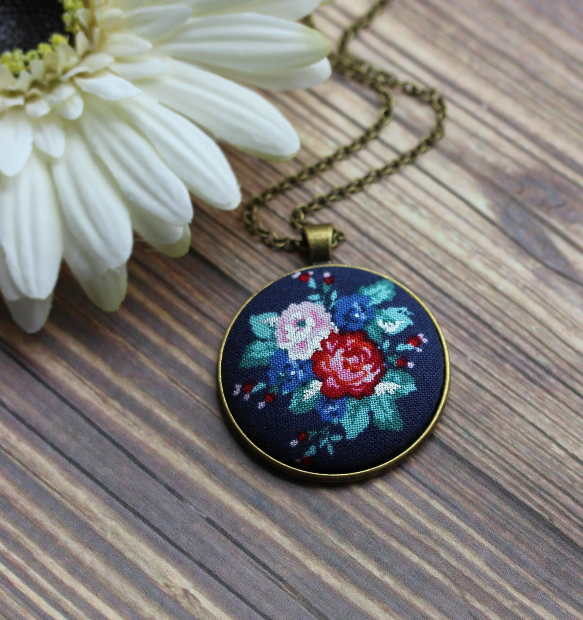 Navy Blue, Teal, And Red Floral Fabric Pendant, Hippie Jewelry