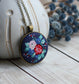 Navy Blue, Teal, And Red Floral Fabric Pendant, Hippie Jewelry