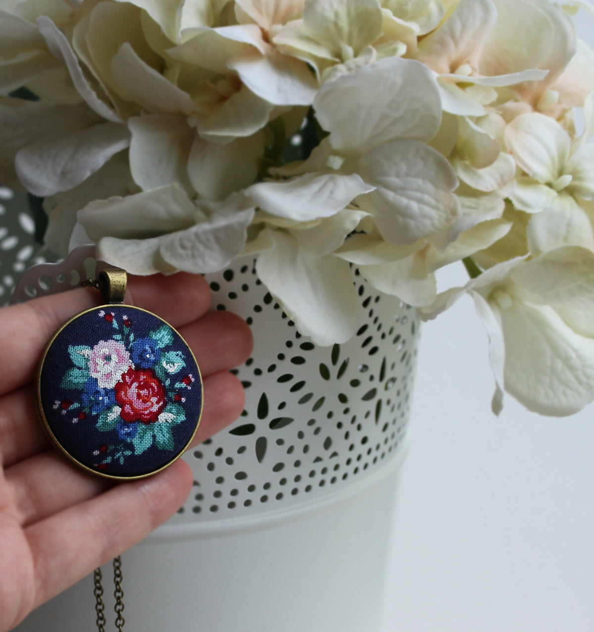 Navy Blue, Teal, And Red Floral Fabric Pendant, Hippie Jewelry