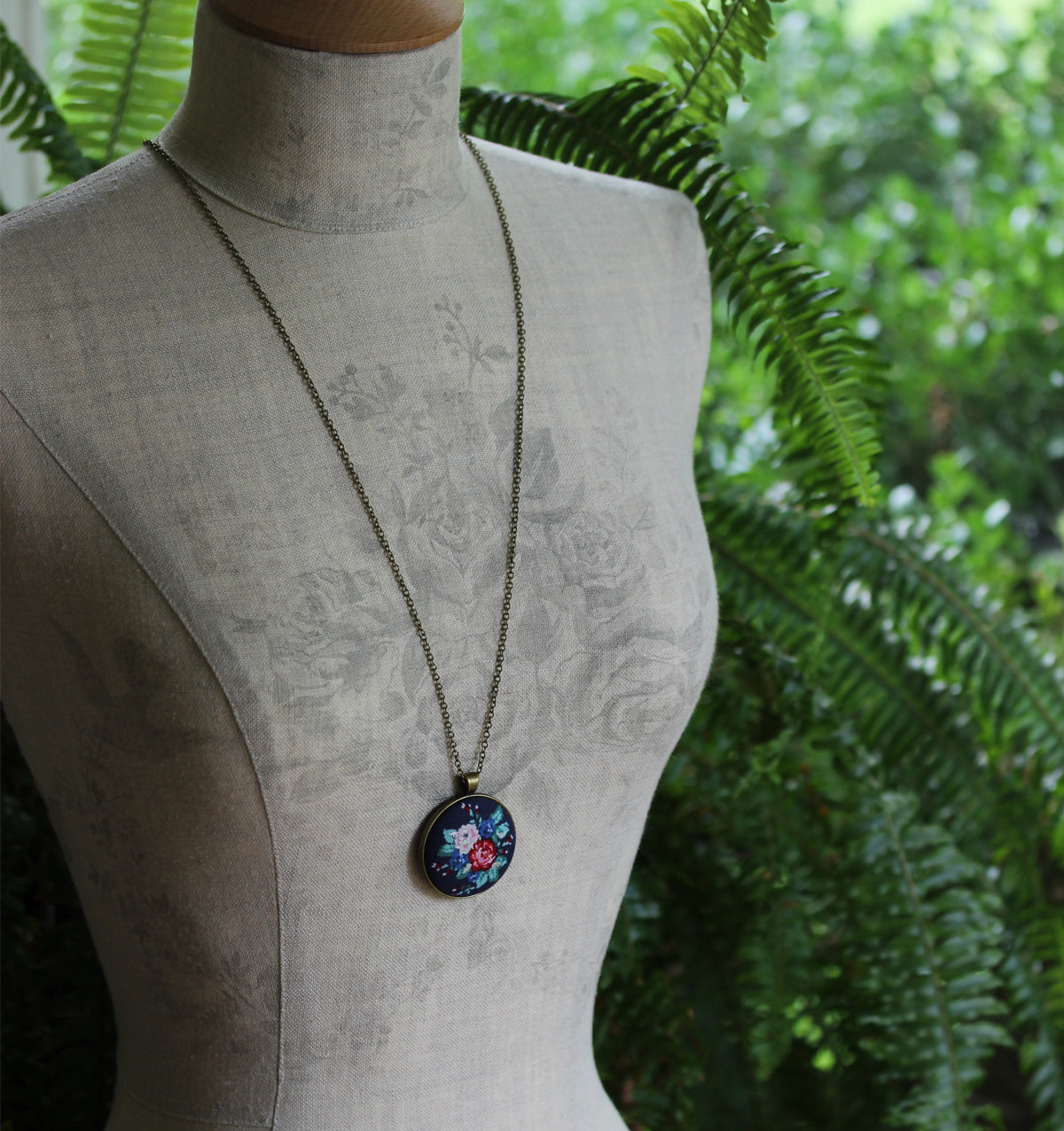 Navy Blue, Teal, And Red Floral Fabric Pendant, Hippie Jewelry