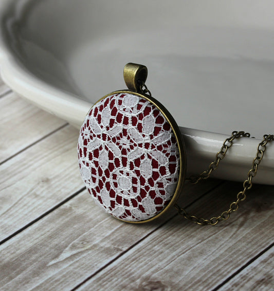 Geometric Art Deco Necklace In Burgundy Red And White