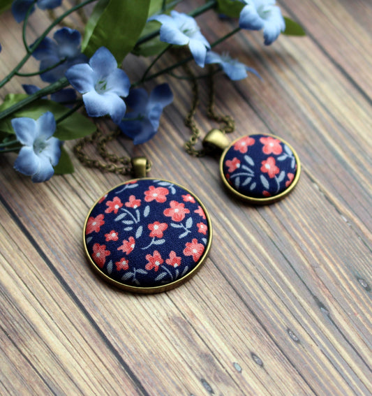 Coral And Navy Necklace, Small Or Large Fabric Pendant