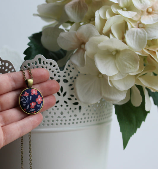 Coral And Navy Necklace, Small Or Large Fabric Pendant