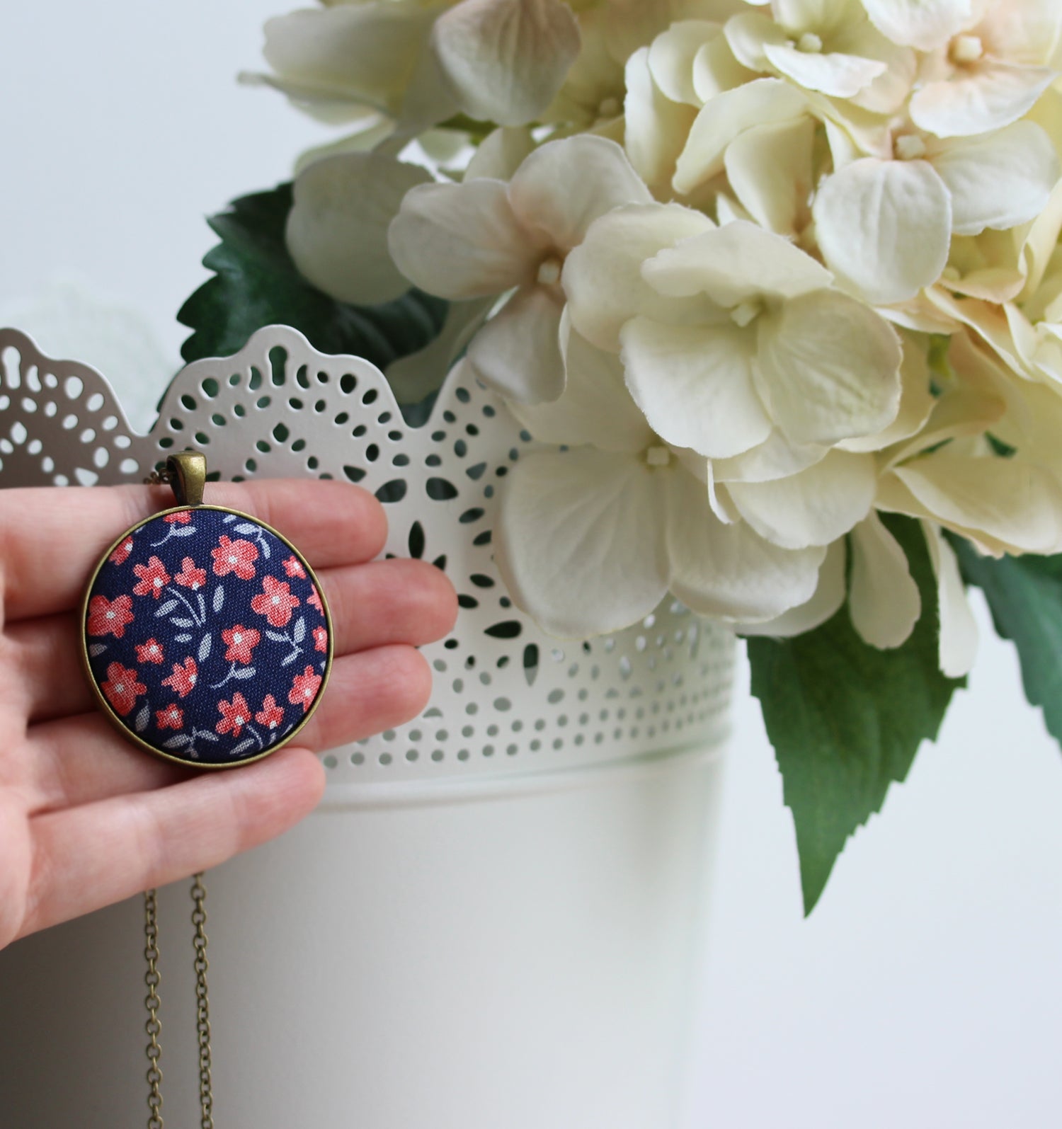 Coral And Navy Necklace, Small Or Large Fabric Pendant