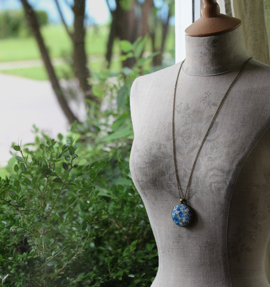 Blue Floral Fabric Pendant, Retro Jewelry