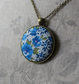 Blue Floral Fabric Pendant, Retro Jewelry