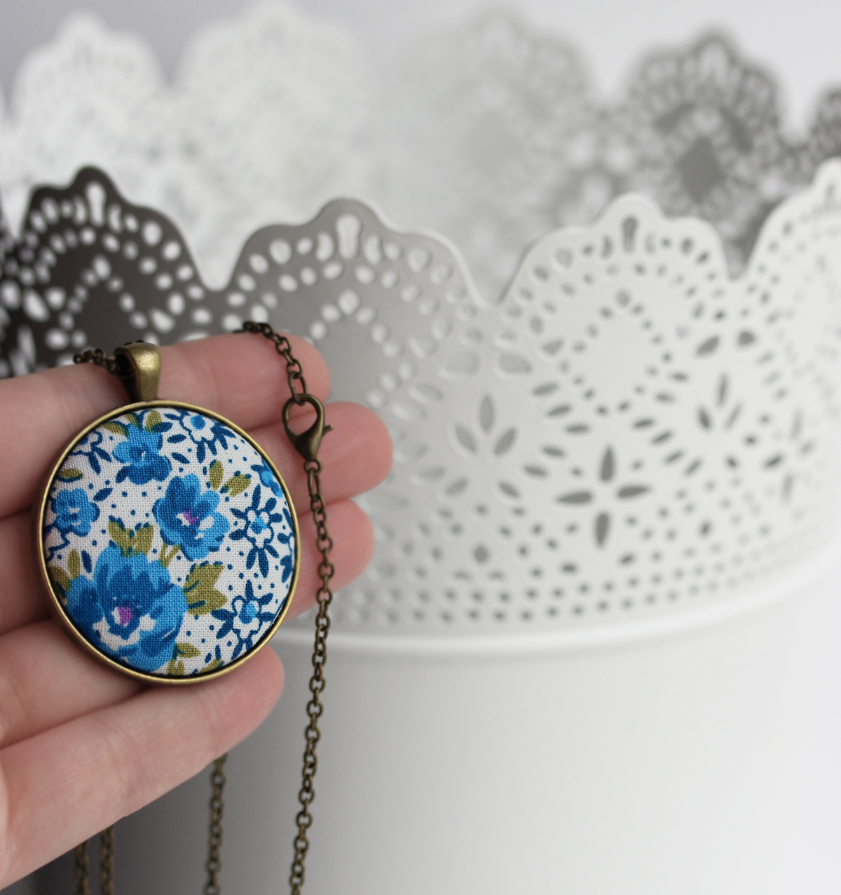 Blue Floral Fabric Pendant, Retro Jewelry