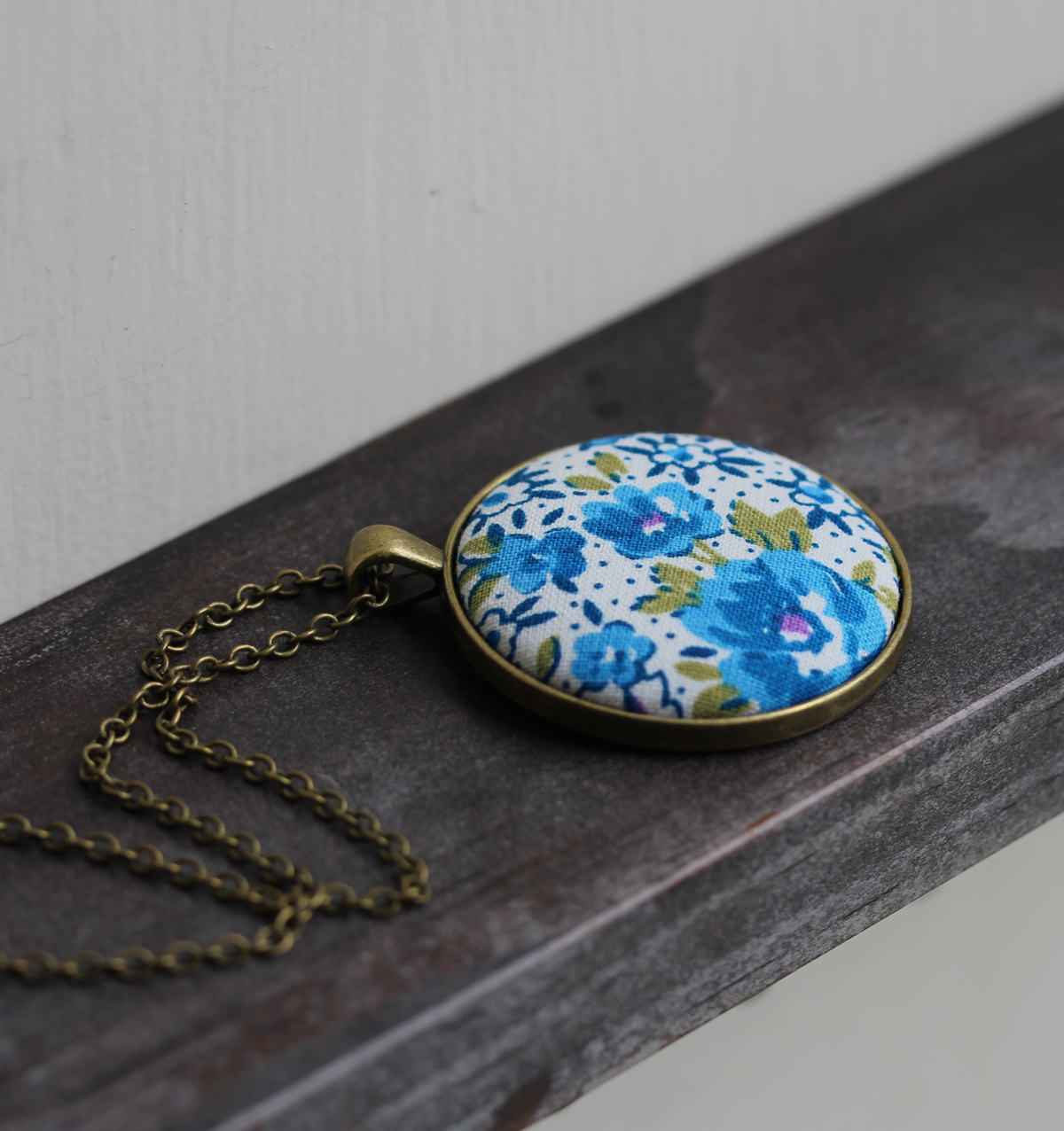 Blue Floral Fabric Pendant, Retro Jewelry