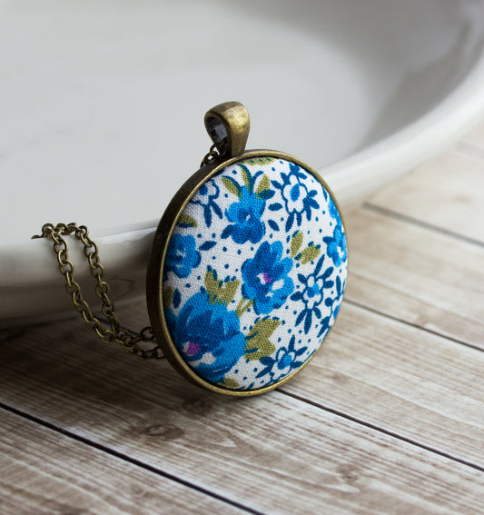 Blue Floral Fabric Pendant, Retro Jewelry