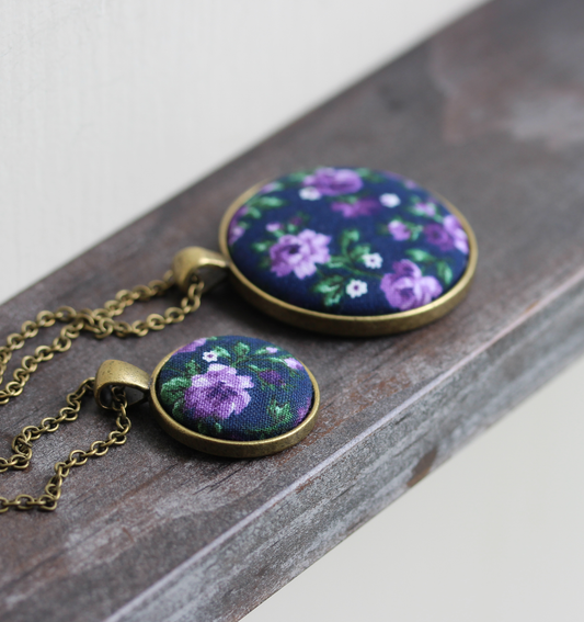 Navy Blue And Purple Necklaces, Floral Fabric Pendants (Small Or Large)