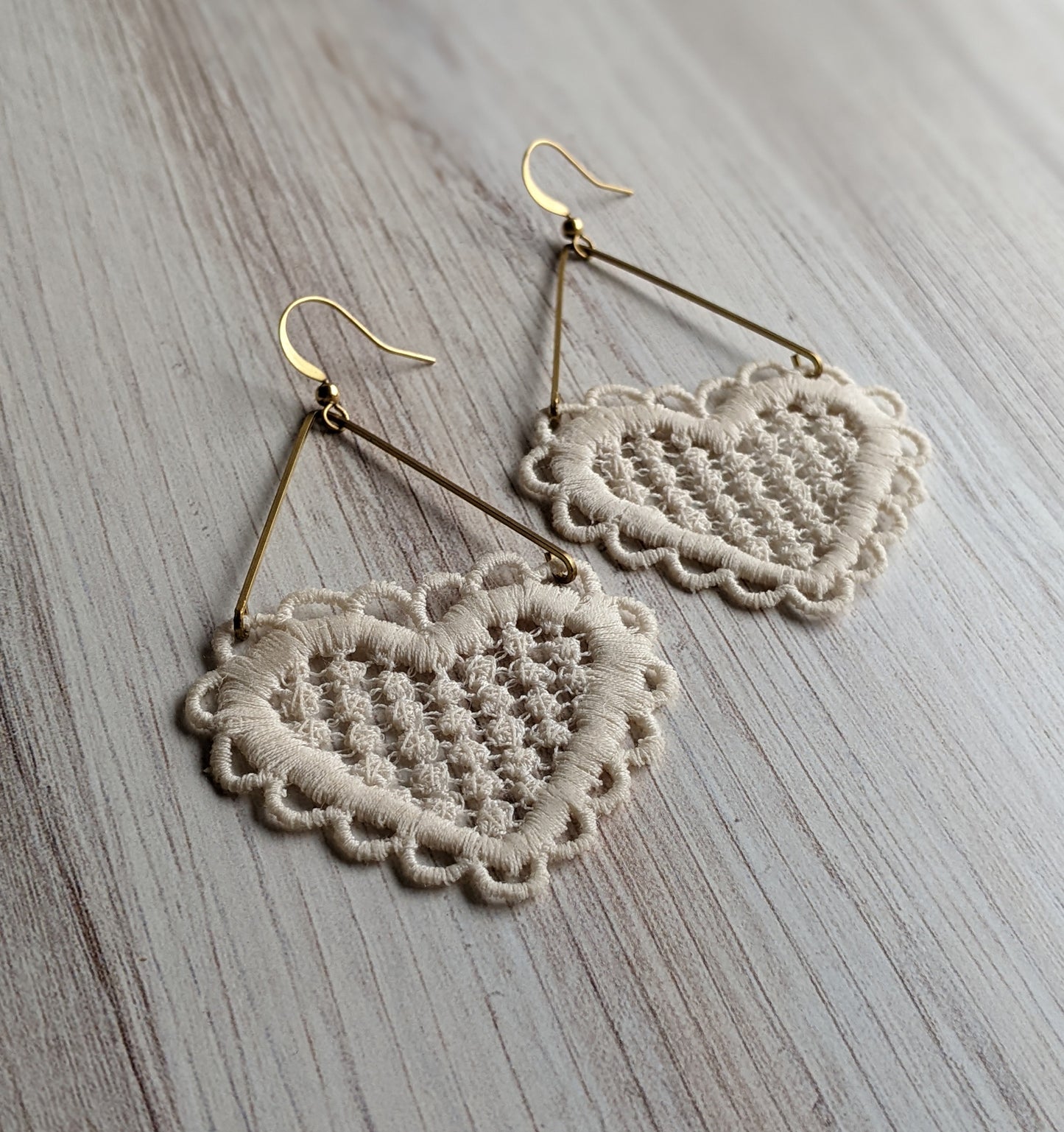 Lace Heart Earrings, Long And Lightweight Dangles, Cotton Fabric And Brass