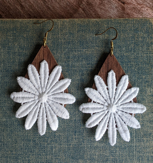 Large Lace Flower Boho Earrings On Wood Teardrops