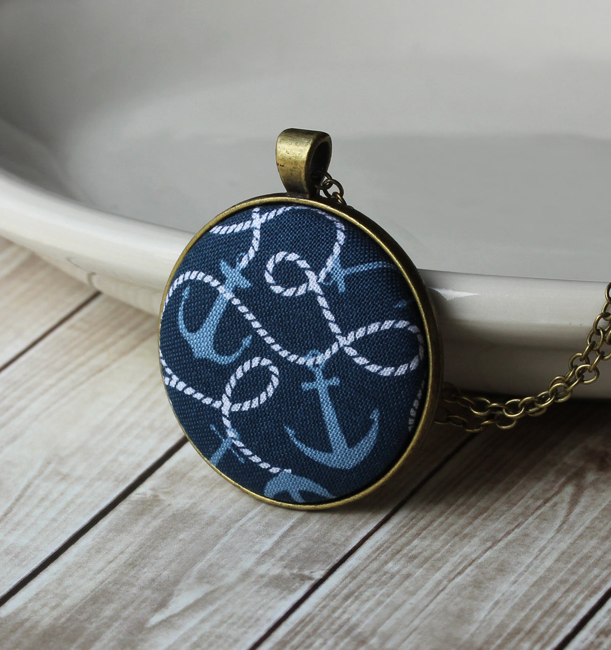 Large Anchor Pendant, Nautical Jewelry, Navy Blue, White