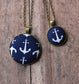 Small Or Large Anchor Necklace, Nautical Fabric Jewelry (Navy Blue, White)