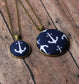 Small Or Large Anchor Necklace, Nautical Fabric Jewelry (Navy Blue, White)