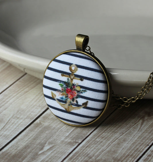 Anchor Necklace, Navy Blue And White Stripes, Floral Fabric