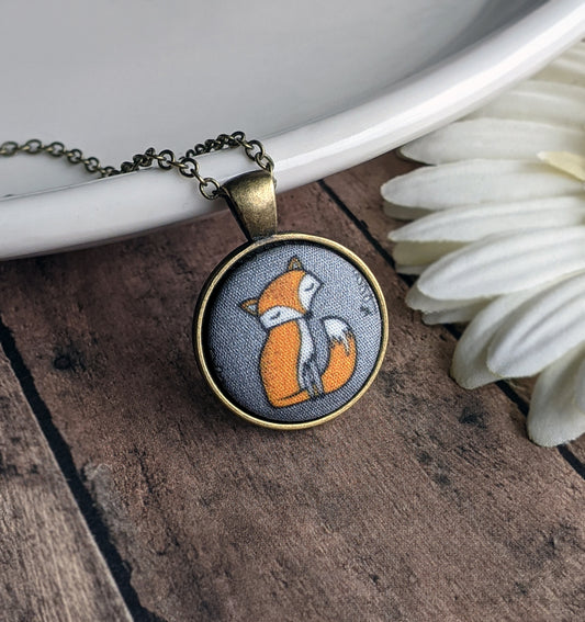 Small Fox Necklace, Orange And Gray Fabric Jewelry