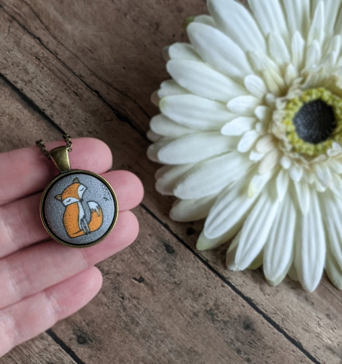 Small Fox Necklace, Orange And Gray Fabric Jewelry