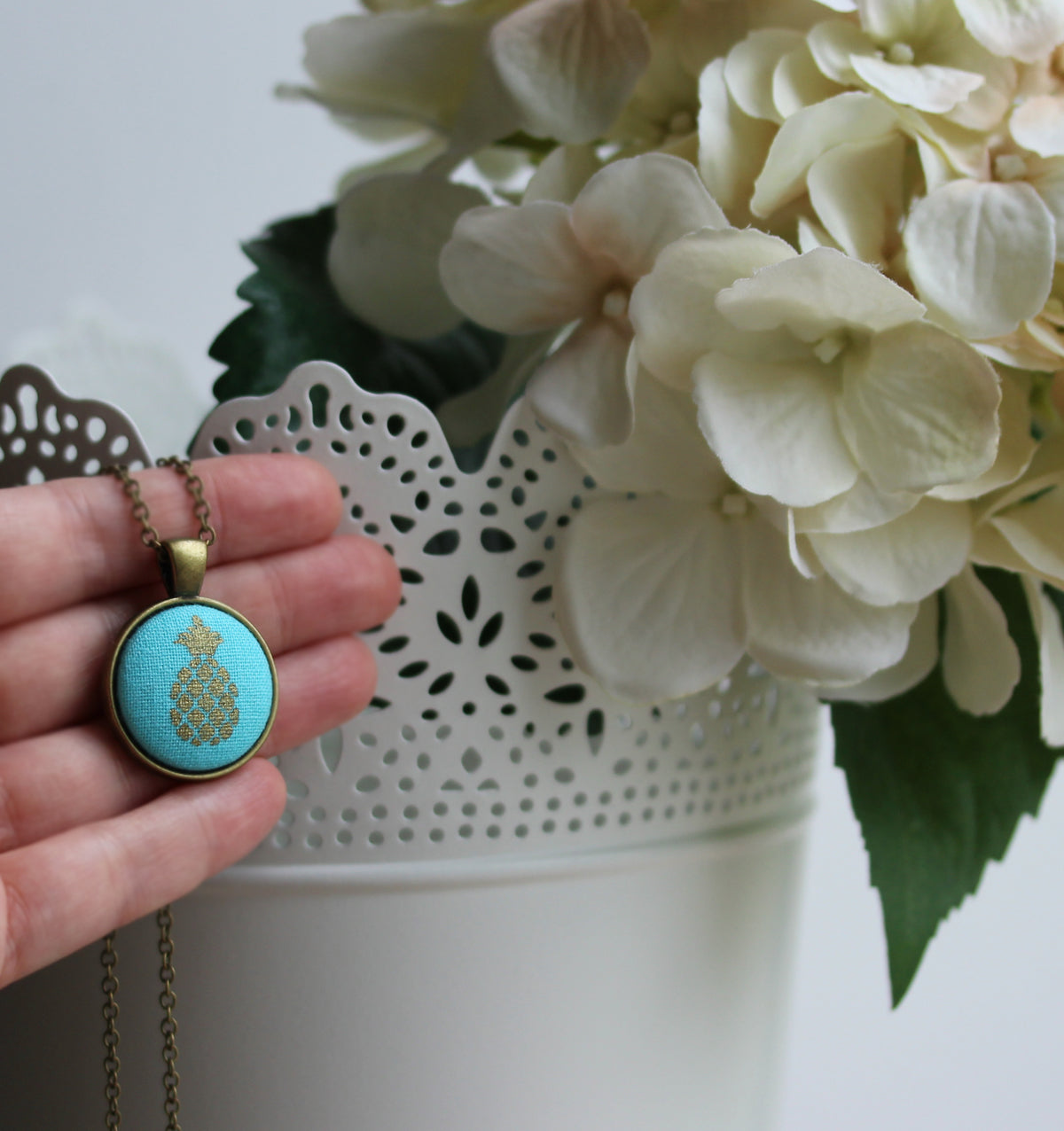 Small Pineapple Pendant, Tropical Fruit Necklace, Aqua, Gold