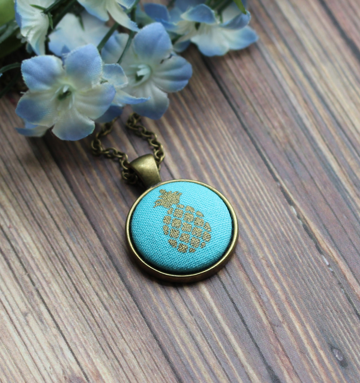 Small Pineapple Pendant, Tropical Fruit Necklace, Aqua, Gold