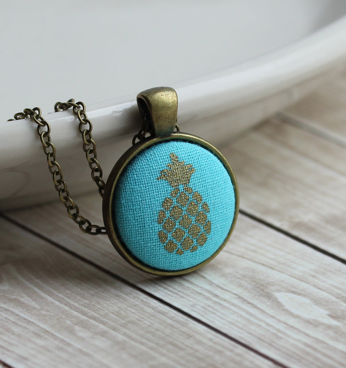 Small Pineapple Pendant, Tropical Fruit Necklace, Aqua, Gold