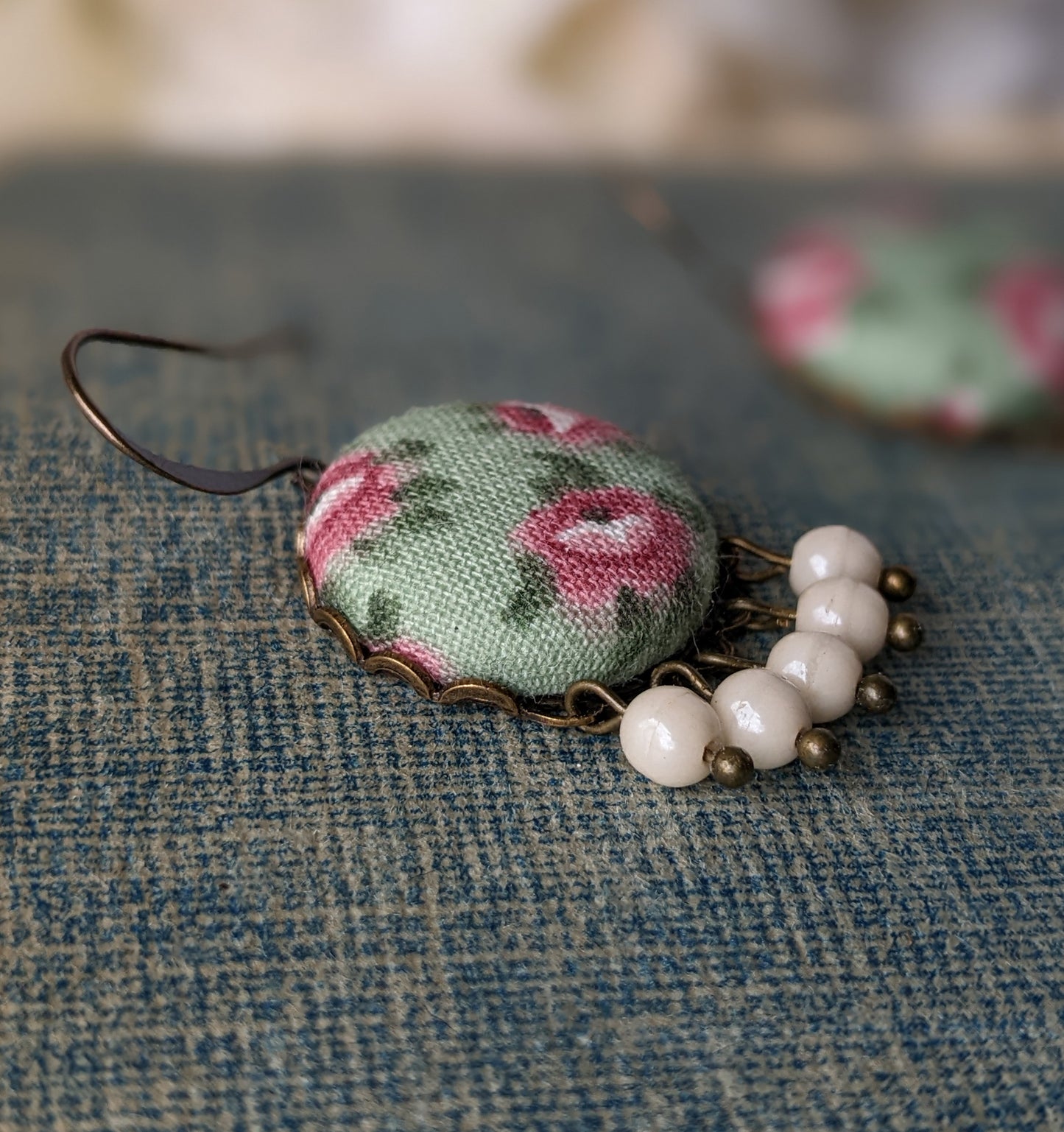 Sage Green And Blush Pink Rose Earrings, Fabric And Bead Nature Jewelry, Floral Boho Cottagecore Aesthetic