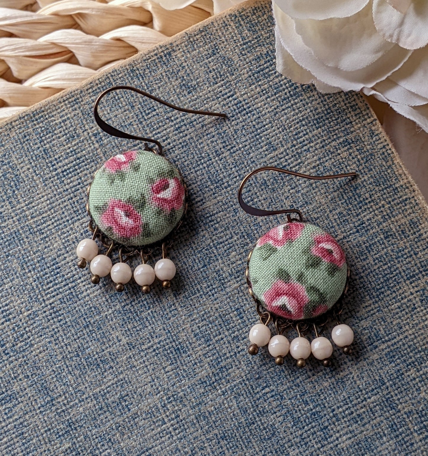 Sage Green And Blush Pink Rose Earrings, Fabric And Bead Nature Jewelry, Floral Boho Cottagecore Aesthetic