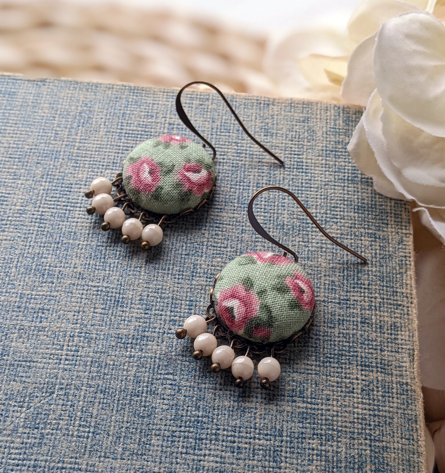 Sage Green And Blush Pink Rose Earrings, Fabric And Bead Nature Jewelry, Floral Boho Cottagecore Aesthetic