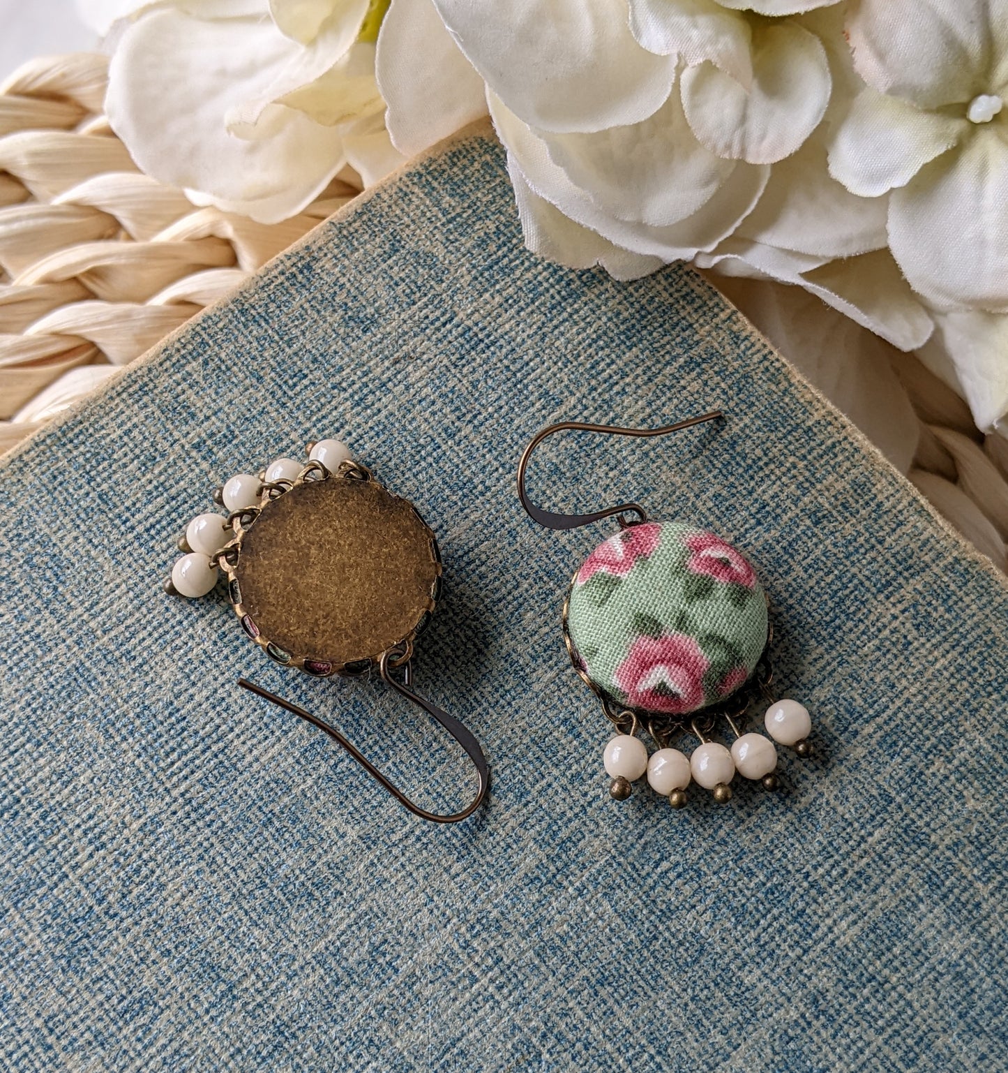 Sage Green And Blush Pink Rose Earrings, Fabric And Bead Nature Jewelry, Floral Boho Cottagecore Aesthetic