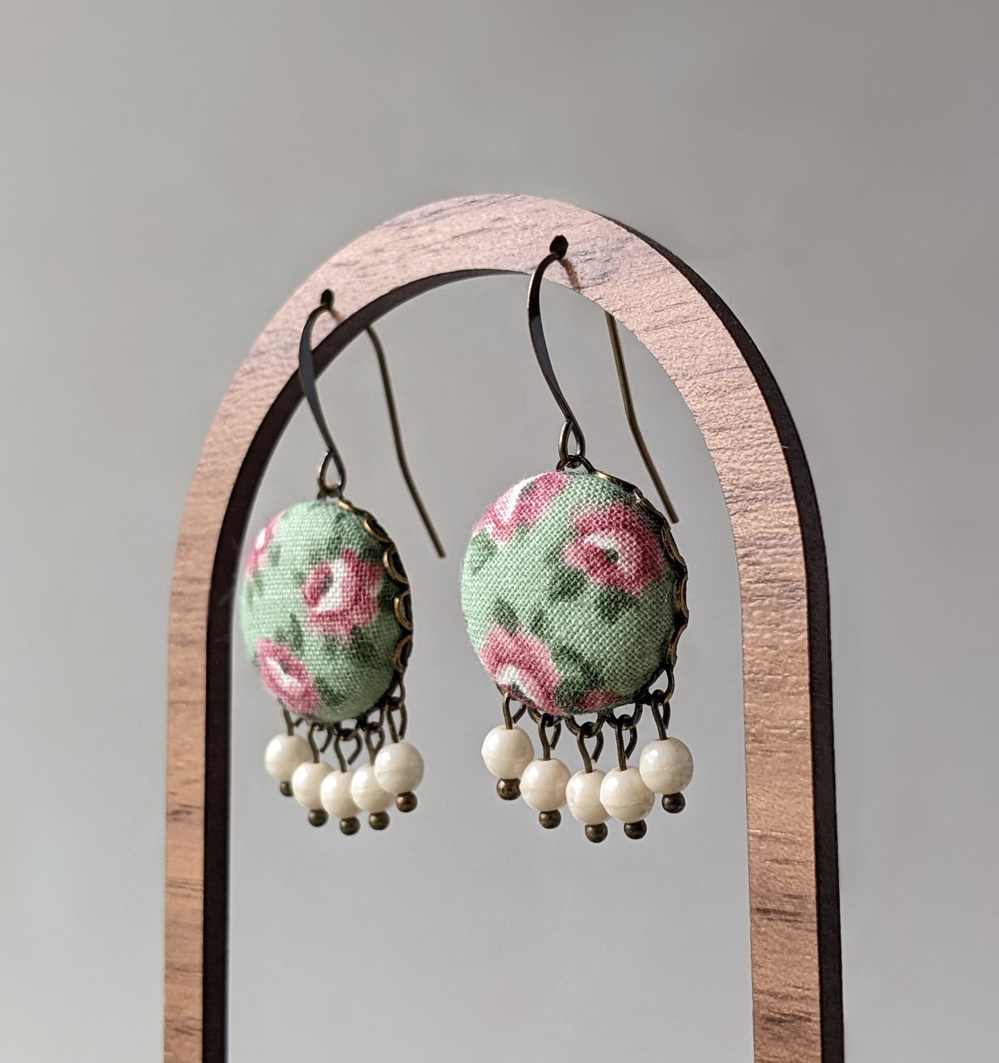 Sage Green And Blush Pink Rose Earrings, Fabric And Bead Nature Jewelry, Floral Boho Cottagecore Aesthetic