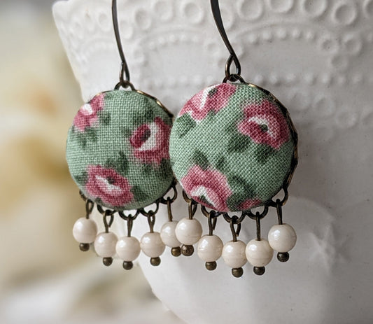 Sage Green And Blush Pink Rose Earrings, Fabric And Bead Nature Jewelry, Floral Boho Cottagecore Aesthetic