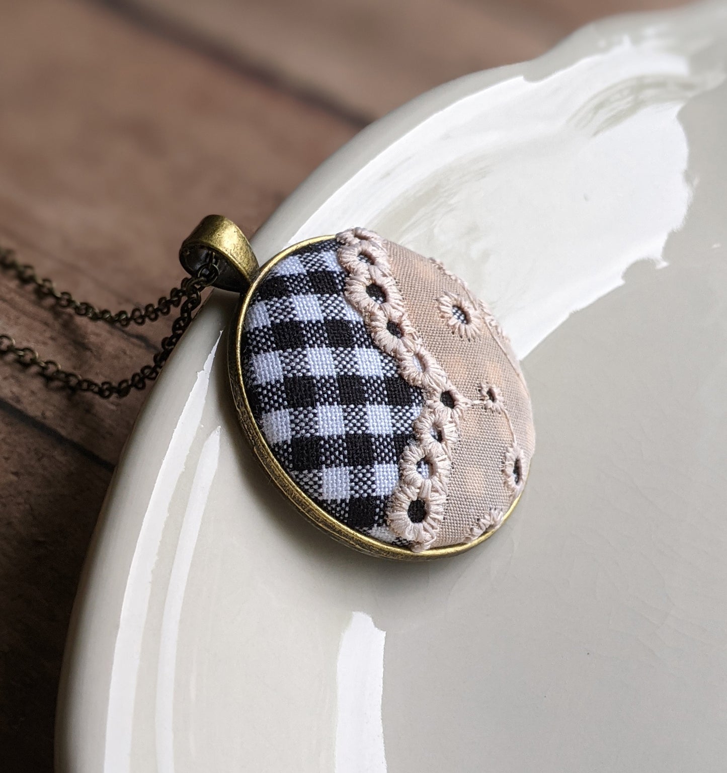 Gingham Plaid Fabric Pendant With Beige Vintage Lace, Black and White