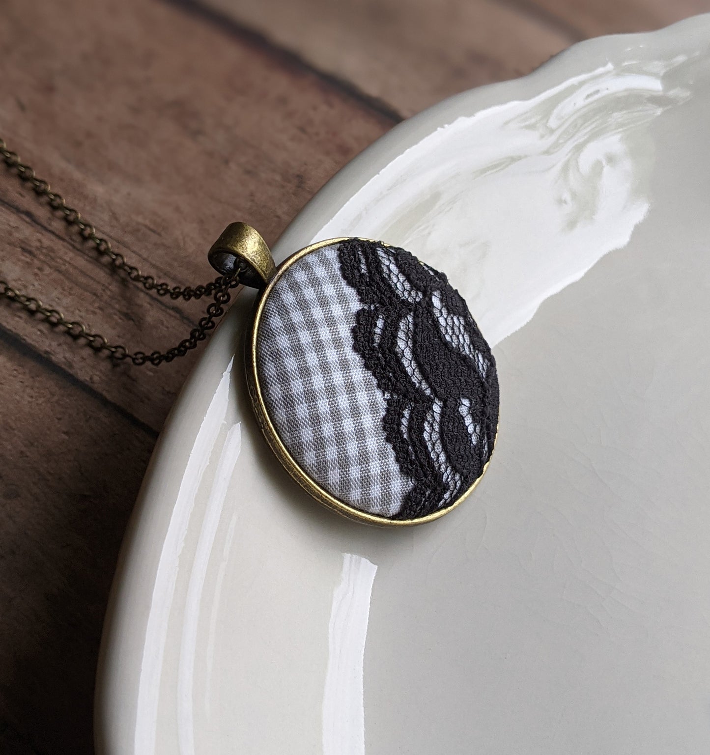 Classic Gingham Plaid Lace Pendant In Black, White, And Gray