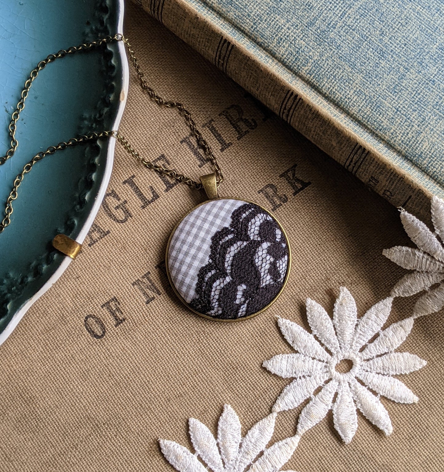 Classic Gingham Plaid Lace Pendant In Black, White, And Gray