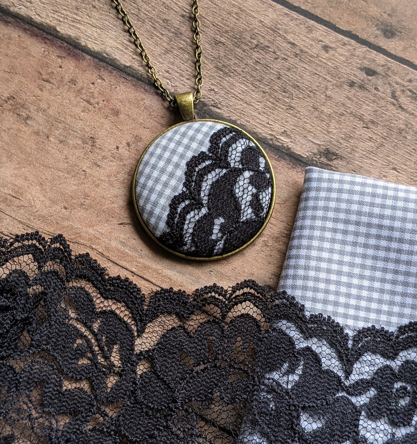 Classic Gingham Plaid Lace Pendant In Black, White, And Gray