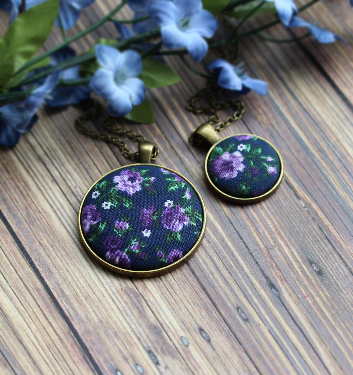 Navy Blue And Purple Necklaces, Floral Fabric Pendants (Small Or Large)