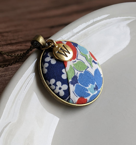 Vintage Floral Fabric Quilt Pendant With Initial Charm - Blue, Green, Red, White