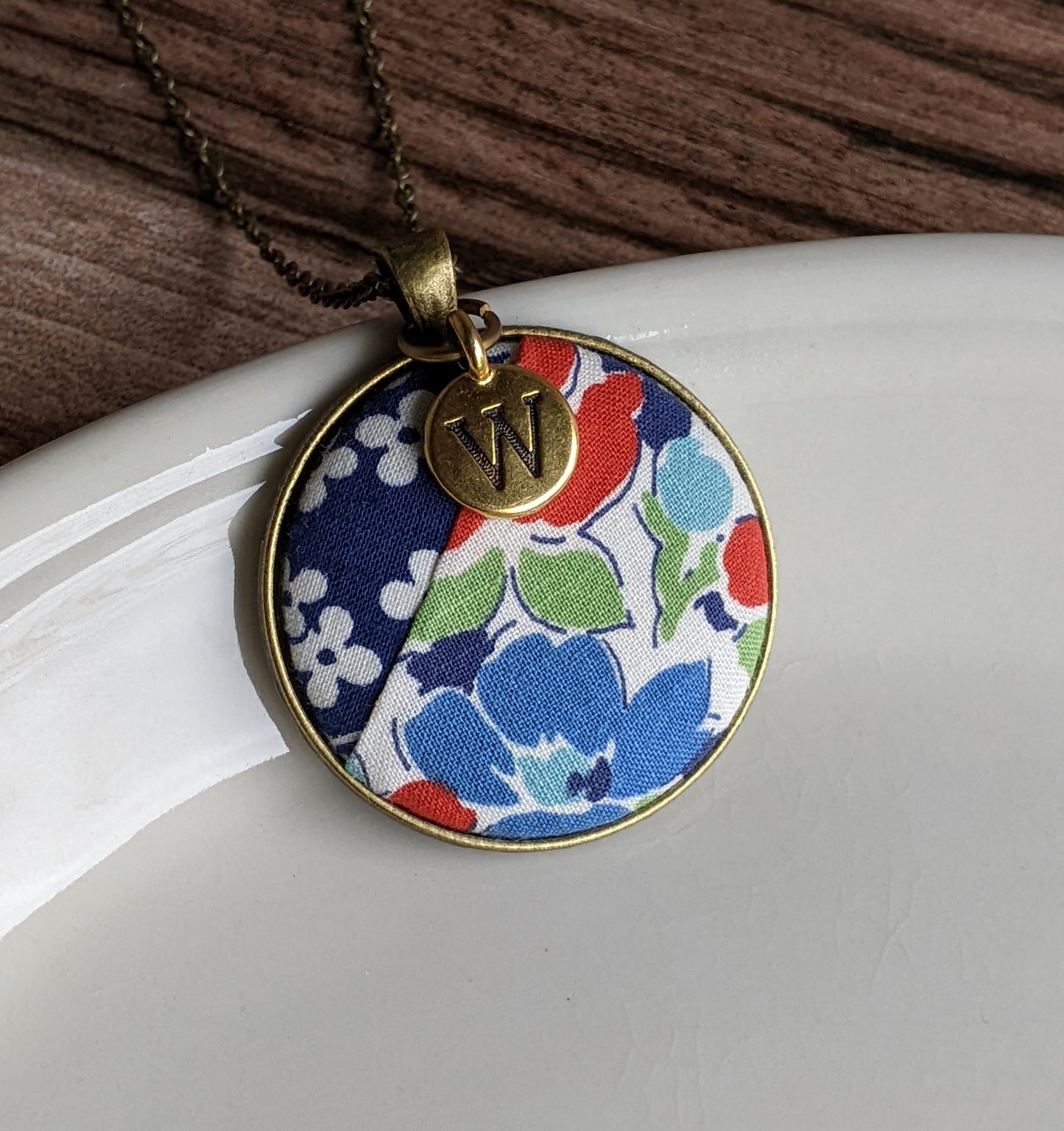Vintage Floral Fabric Quilt Pendant With Initial Charm - Blue, Green, Red, White