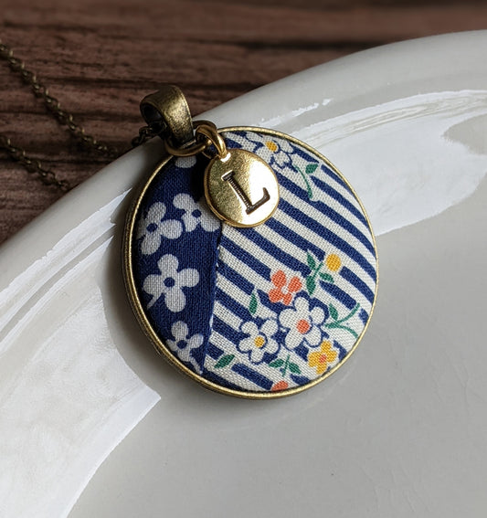 Vintage Quilt Necklace With Letter Charm - Navy Blue Floral And White Stripes
