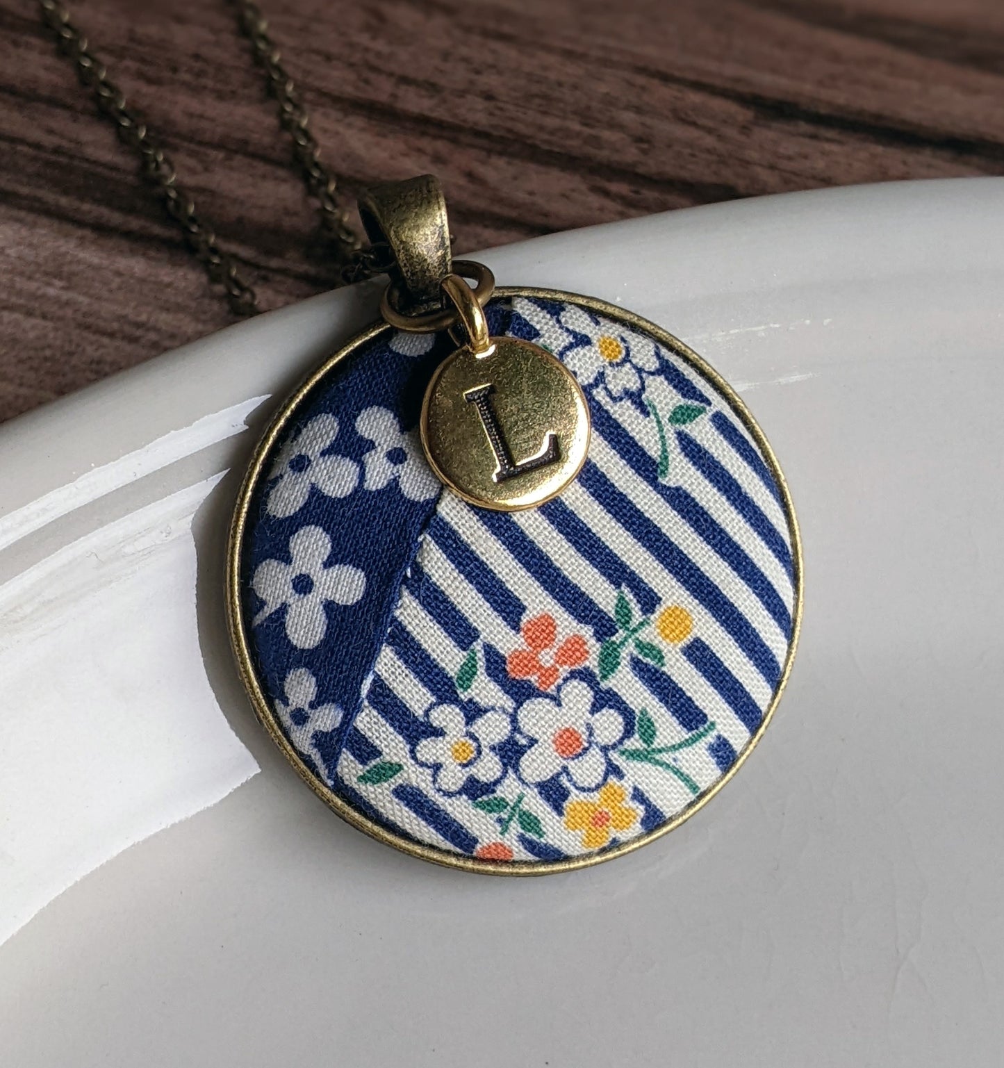 Vintage Quilt Necklace With Letter Charm - Navy Blue Floral And White Stripes