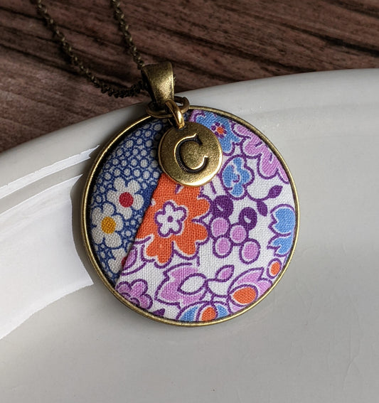 Vintage Floral Quilt Pendant With Initial Charm - Purple, Blue, And Orange