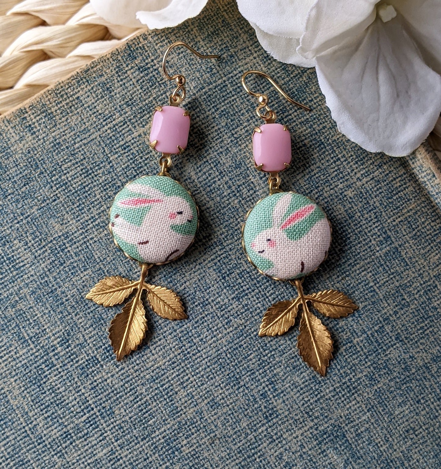 Pastel Bunny Earrings, Fabric, Pink Vintage Glass And Vintage Gold Leaves, Cute Rabbit Jewelry