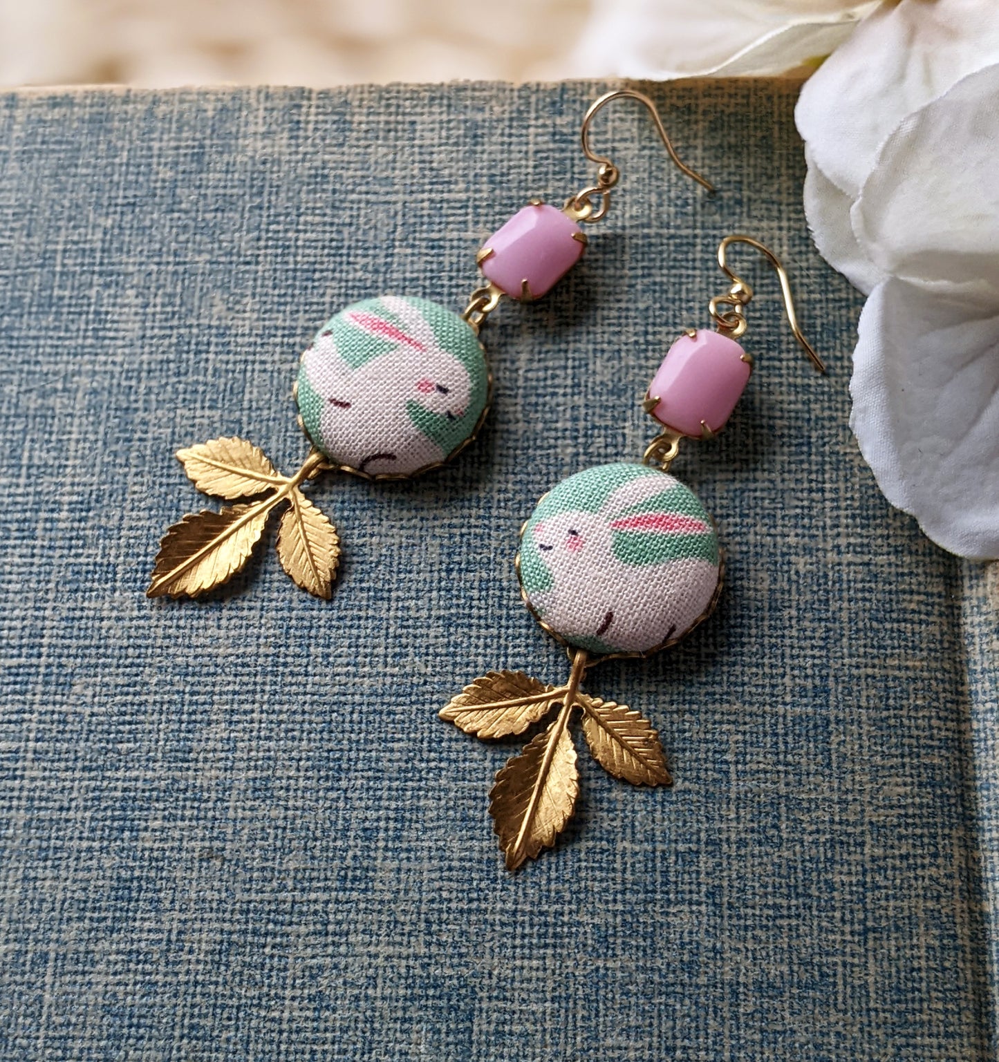 Pastel Bunny Earrings, Fabric, Pink Vintage Glass And Vintage Gold Leaves, Cute Rabbit Jewelry